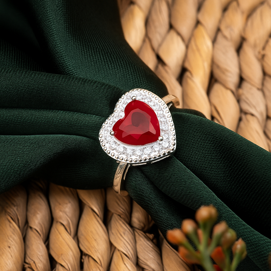 ZWR0133 – Heart-Shaped Red Stone Ring in Sterling Silver with Crystal Halo