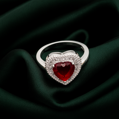 ZWR0133 – Heart-Shaped Red Stone Ring in Sterling Silver with Crystal Halo