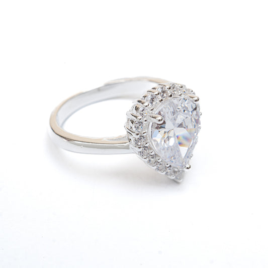 ZWR0137 – Sterling Silver Pear-Cut Halo Ring with Brilliant White Center Stone