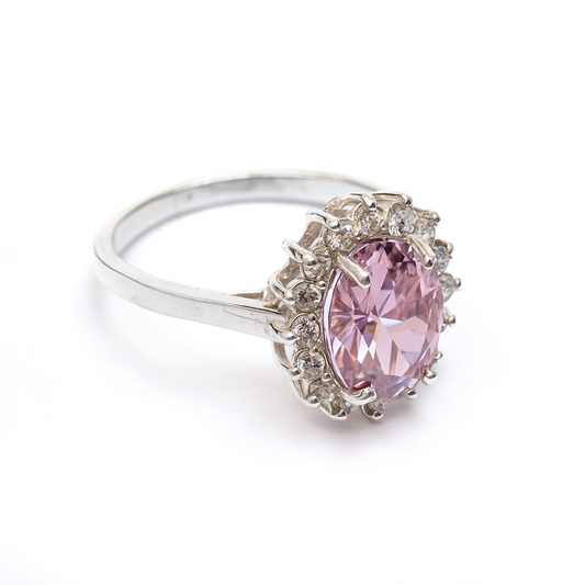 ZWR0138 – Sterling Silver Halo Ring with Pink Oval Center Stone & Diamond Accents