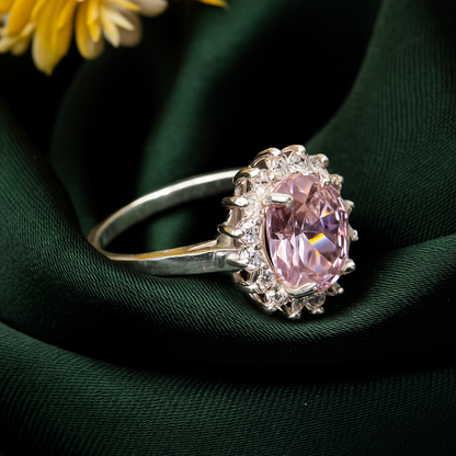 ZWR0138 – Sterling Silver Halo Ring with Pink Oval Center Stone & Diamond Accents