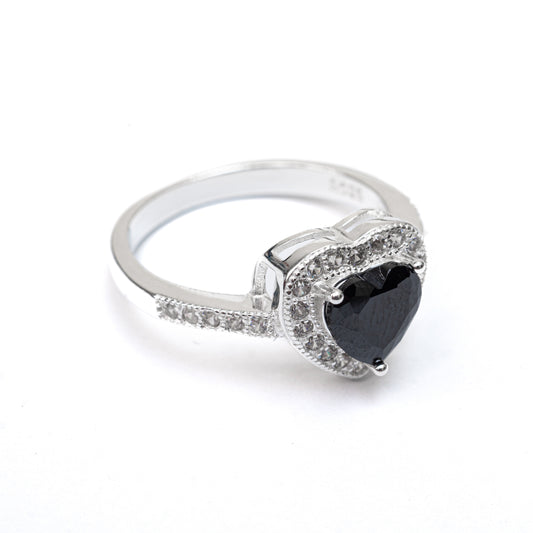 ZWR0151 – Sterling Silver Heart Ring with Black Stone & Halo Crystal Band