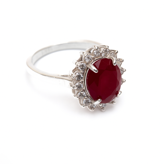 ZWR0152 – Regal Sterling Silver Halo Ring with Ruby-Red Center Stone