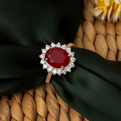 ZWR0152 – Regal Sterling Silver Halo Ring with Ruby-Red Center Stone