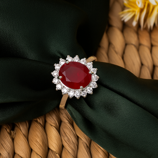 ZWR0152 – Regal Sterling Silver Halo Ring with Ruby-Red Center Stone