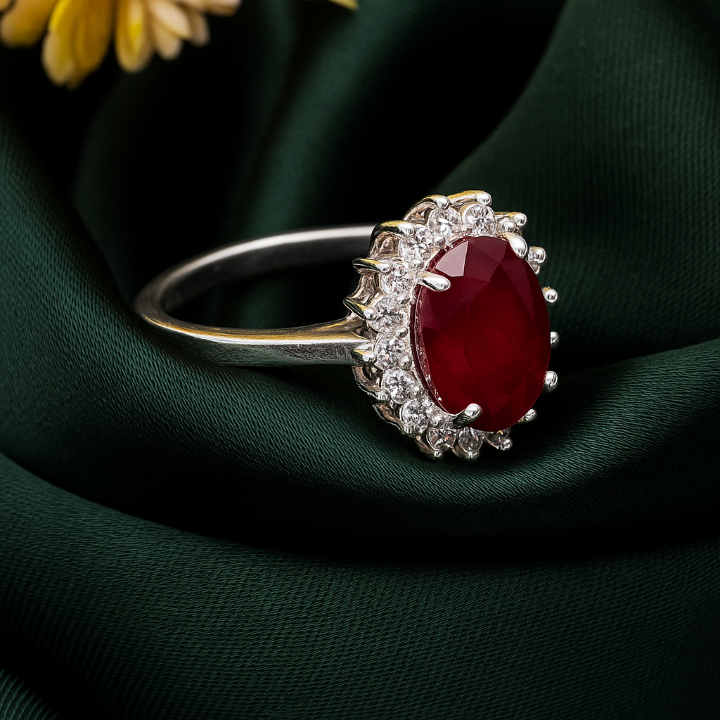 ZWR0152 – Regal Sterling Silver Halo Ring with Ruby-Red Center Stone