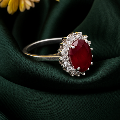 ZWR0152 – Regal Sterling Silver Halo Ring with Ruby-Red Center Stone