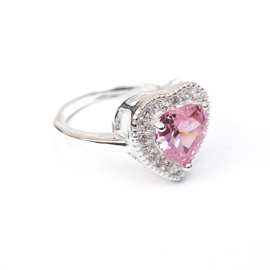 ZWR0153 – Sterling Silver Heart Ring with Blush Pink Center and Diamond Halo