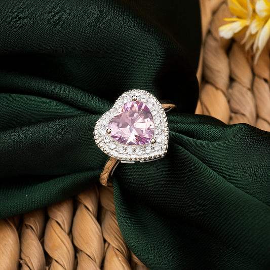ZWR0153 – Sterling Silver Heart Ring with Blush Pink Center and Diamond Halo