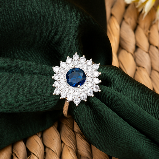 ZWR0154 – Sterling Silver Regal Halo Ring with Deep Blue Sapphire Center