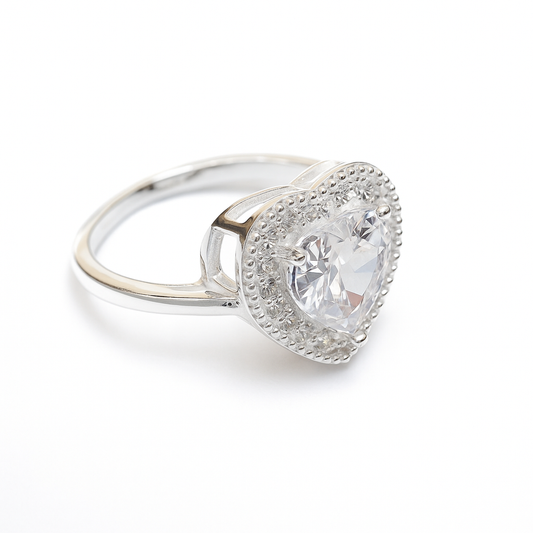 ZWR0155 – Sterling Silver Heart Halo Ring with Brilliant White Center Stone