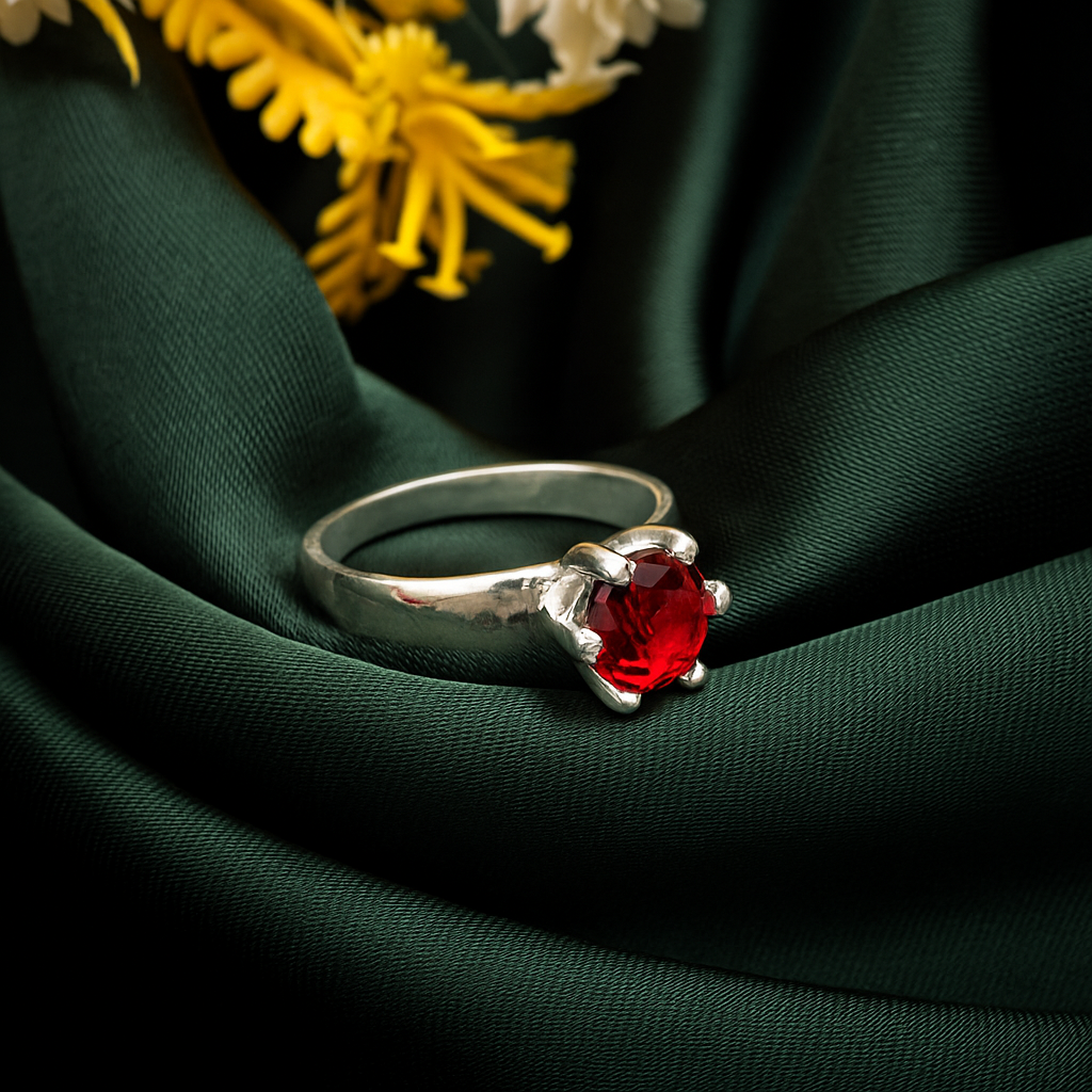 ZWR0156 – Bold Solitaire Ring with Ruby Red Oval Stone in Sterling Silver