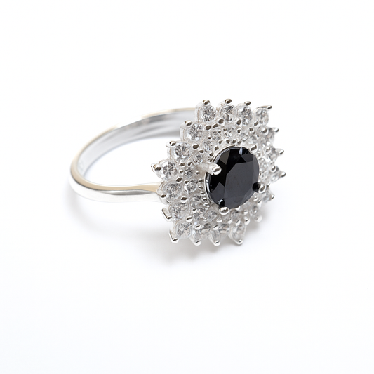 ZWR0159 – Regal Sterling Silver Ring with Midnight Black Center Stone & Double Halo Sparkle