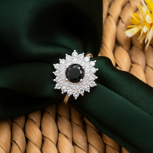 ZWR0159 – Regal Sterling Silver Ring with Midnight Black Center Stone & Double Halo Sparkle