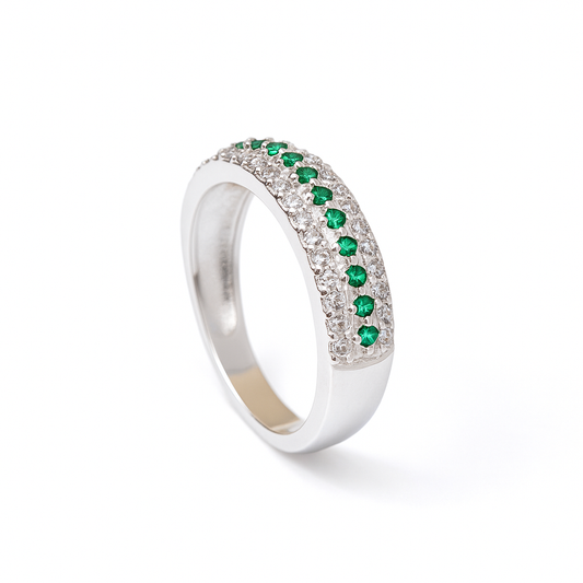 ZWR0130 – Classic Emerald Accent Sterling Silver Band with Triple Row Sparkle