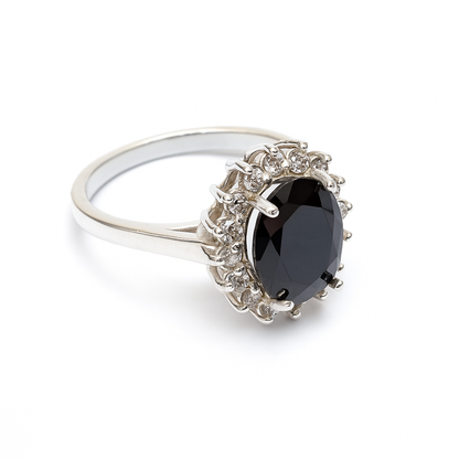 ZWR0161 – Sterling Silver Ring with Jet Black Oval Centerpiece & Brilliant Halo