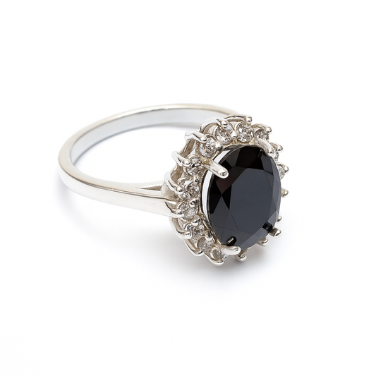 ZWR0161 – Sterling Silver Ring with Jet Black Oval Centerpiece & Brilliant Halo