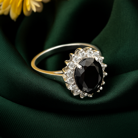ZWR0161 – Sterling Silver Ring with Jet Black Oval Centerpiece & Brilliant Halo