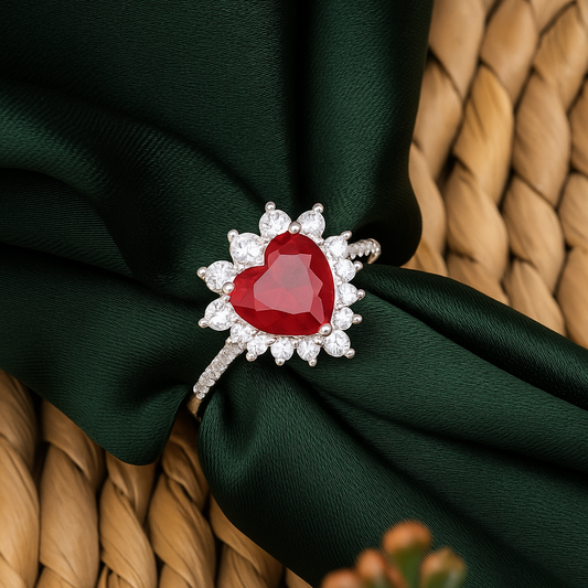 ZWR0162 – Sterling Silver Heart Ring with Fiery Red Center & Diamond-Cut Crown Accent