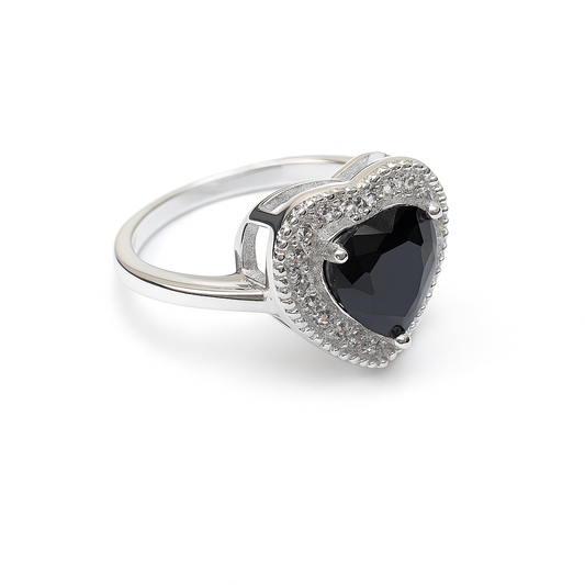 ZWR0163 – Sterling Silver Heart Ring with Black Center Stone & Crystal Pavé Halo