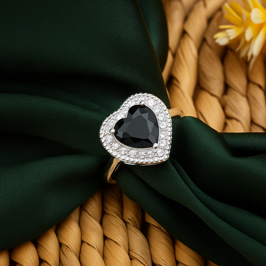 ZWR0163 – Sterling Silver Heart Ring with Black Center Stone & Crystal Pavé Halo