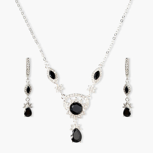 ZWS0154 – Sterling Silver Set with Jet Black Marquise & Teardrop Crystals in Floral Halo Design