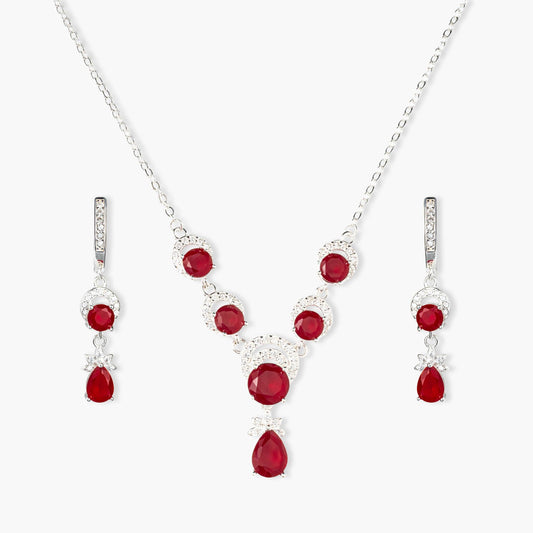 ZWS0155 – Sterling Silver 4-Piece Set with Crescent Halo Ruby Red Crystals & Teardrop Charms