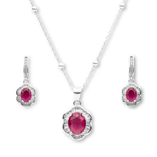 ZWS0157 – Sterling Silver Set with Ruby Red Oval Stones & Scalloped Crystal Halo