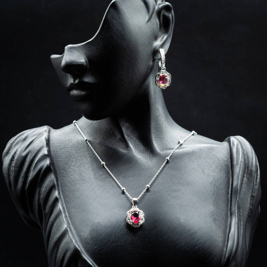 ZWS0157 – Sterling Silver Set with Ruby Red Oval Stones & Scalloped Crystal Halo