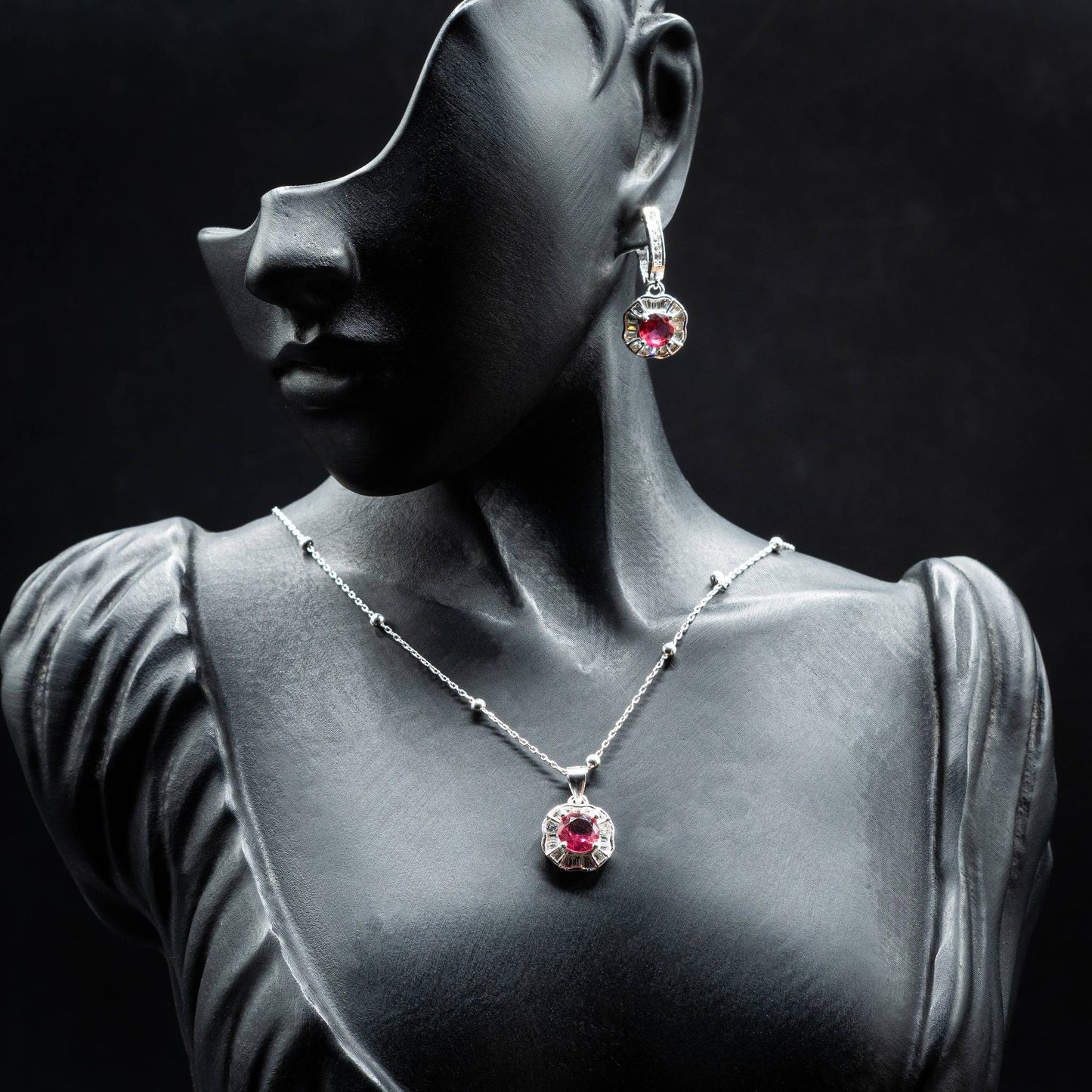 ZWS0159 – Ruby Red Jewelry Set with Wave Halo Design