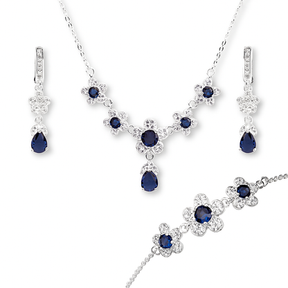 ZWS0242 – Sterling Silver 5-Piece Set with Floral Crystal Design (Ruby Red & Sapphire Blue)