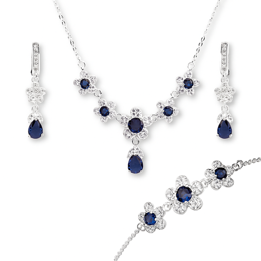 ZWS0242 – Sterling Silver 5-Piece Set with Floral Crystal Design (Ruby Red & Sapphire Blue)