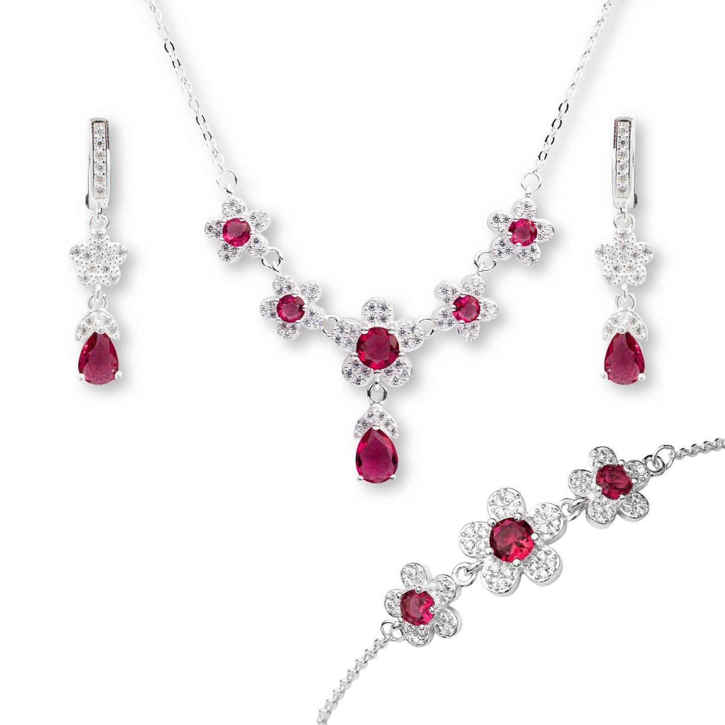 ZWS0242 – Sterling Silver 5-Piece Set with Floral Crystal Design (Ruby Red & Sapphire Blue)