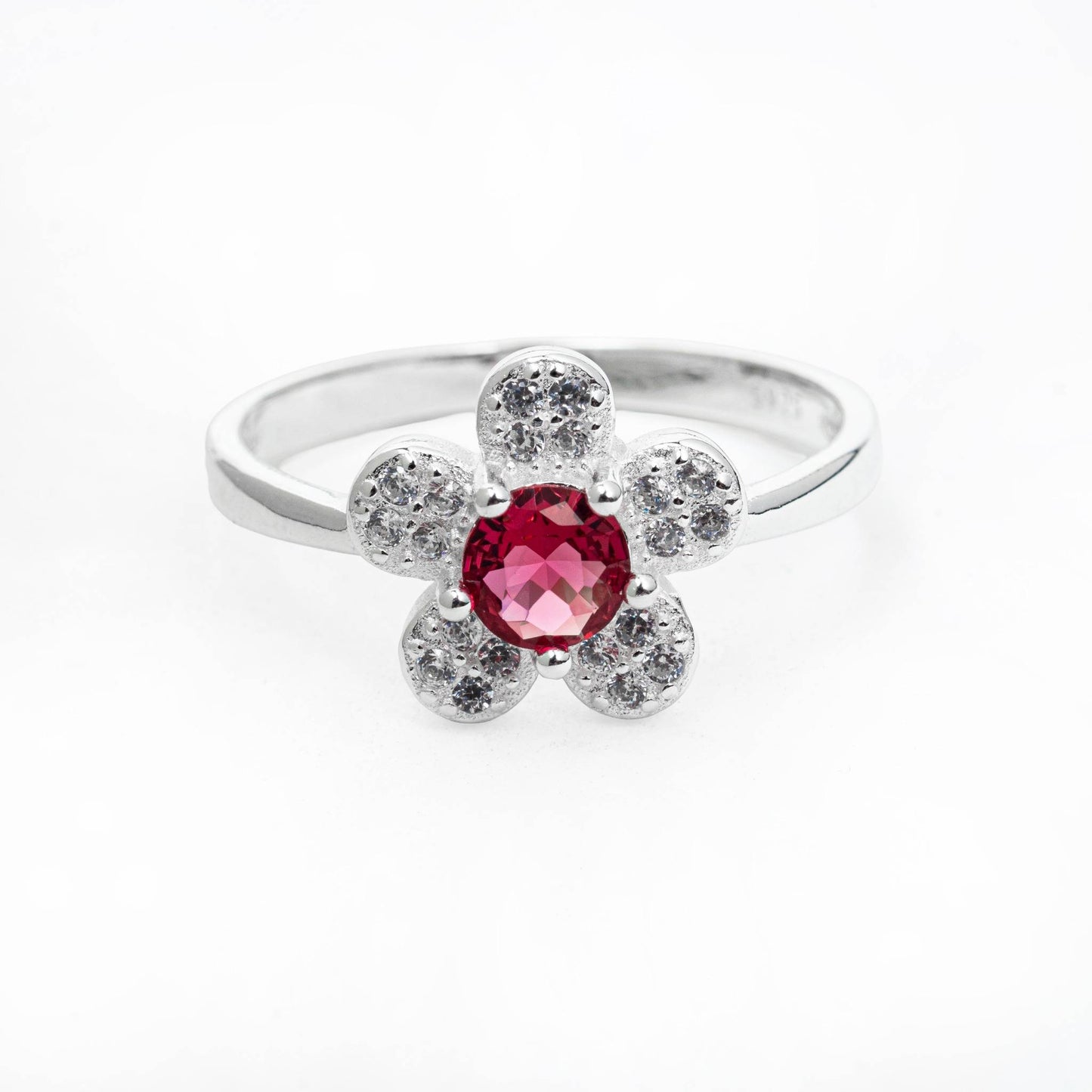 ZWS0242 – Sterling Silver 5-Piece Set with Floral Crystal Design (Ruby Red & Sapphire Blue)